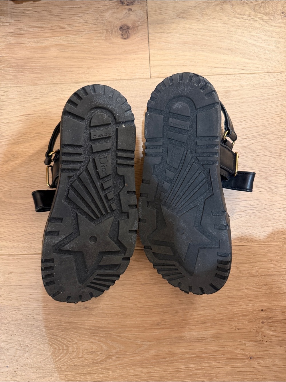 Dior Black Leather Men's Gold-Accented Velcro Strap Sandals - Picture 2 of 4